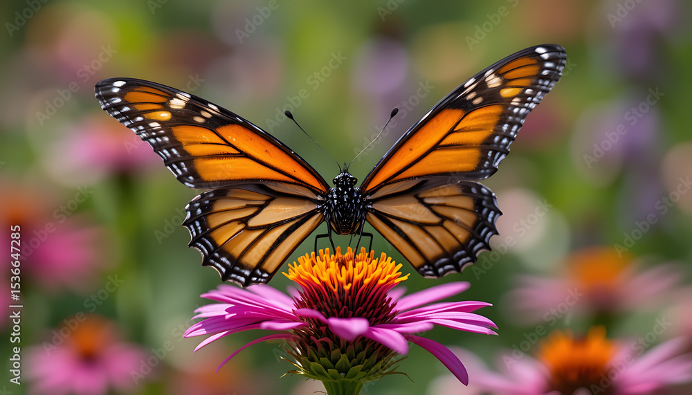 Fototapeta premium Monarch butterfly resting on a purple flower in a summer garden
