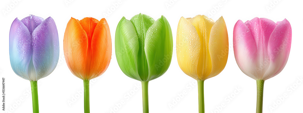 Fototapeta premium Colorful tulip flowers with water droplets on petals isolated on transparency background, fresh spring bloom in purple, orange, green, yellow, and pink shades