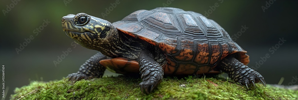 Naklejka premium Striking Reptile Close up A Detailed View of a Turtle on Moss