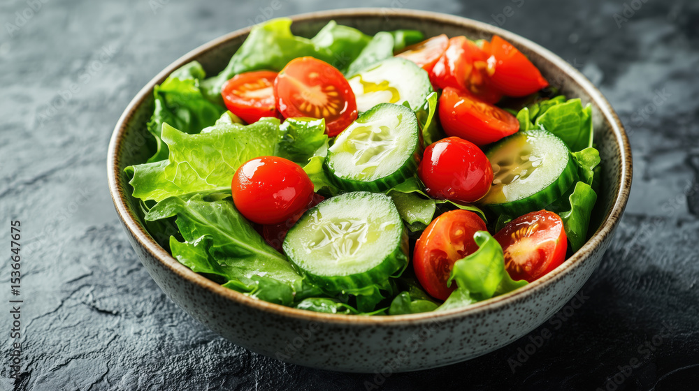 Fresh vegetable salad with cherry tomatoes, cucumber slices, and green lettuce in a ceramic bowl. Healthy vegan dish. Bright and appetizing. Fresh vegetable salad with cherry tomatoes, cucumber slices, and green lettuce in a ceramic bowl. Healthy vegan dish. Bright and appetizing.
