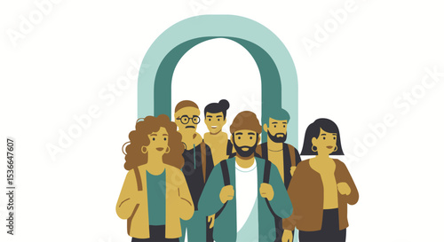 Diverse Group Walking Through Archway Illustration