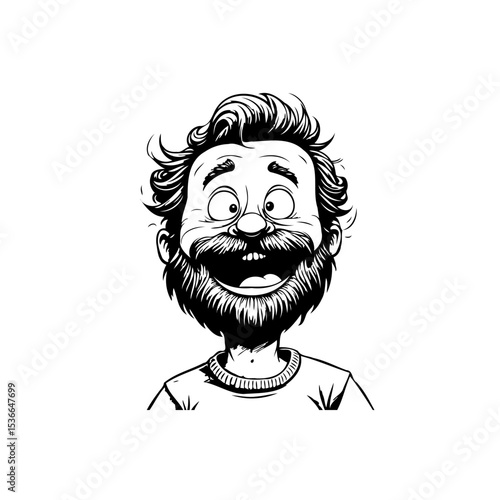 Expressive cartoon character with beard and wide smile in black and white style