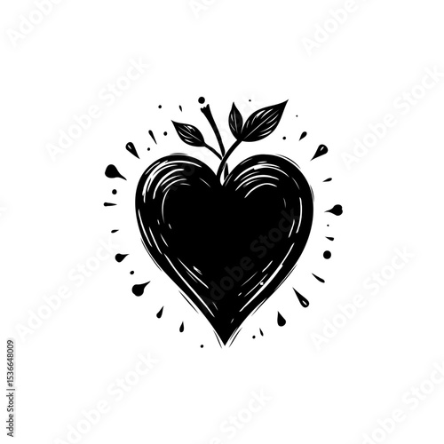 Hand-drawn black heart with sprout on white background symbol of life and love