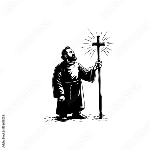 Monk figure holding a cross with emanating light, symbolizing faith and spirituality
