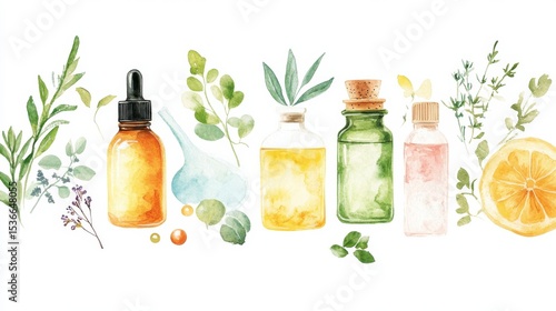 Four bottles of essential oil and herbs on white background