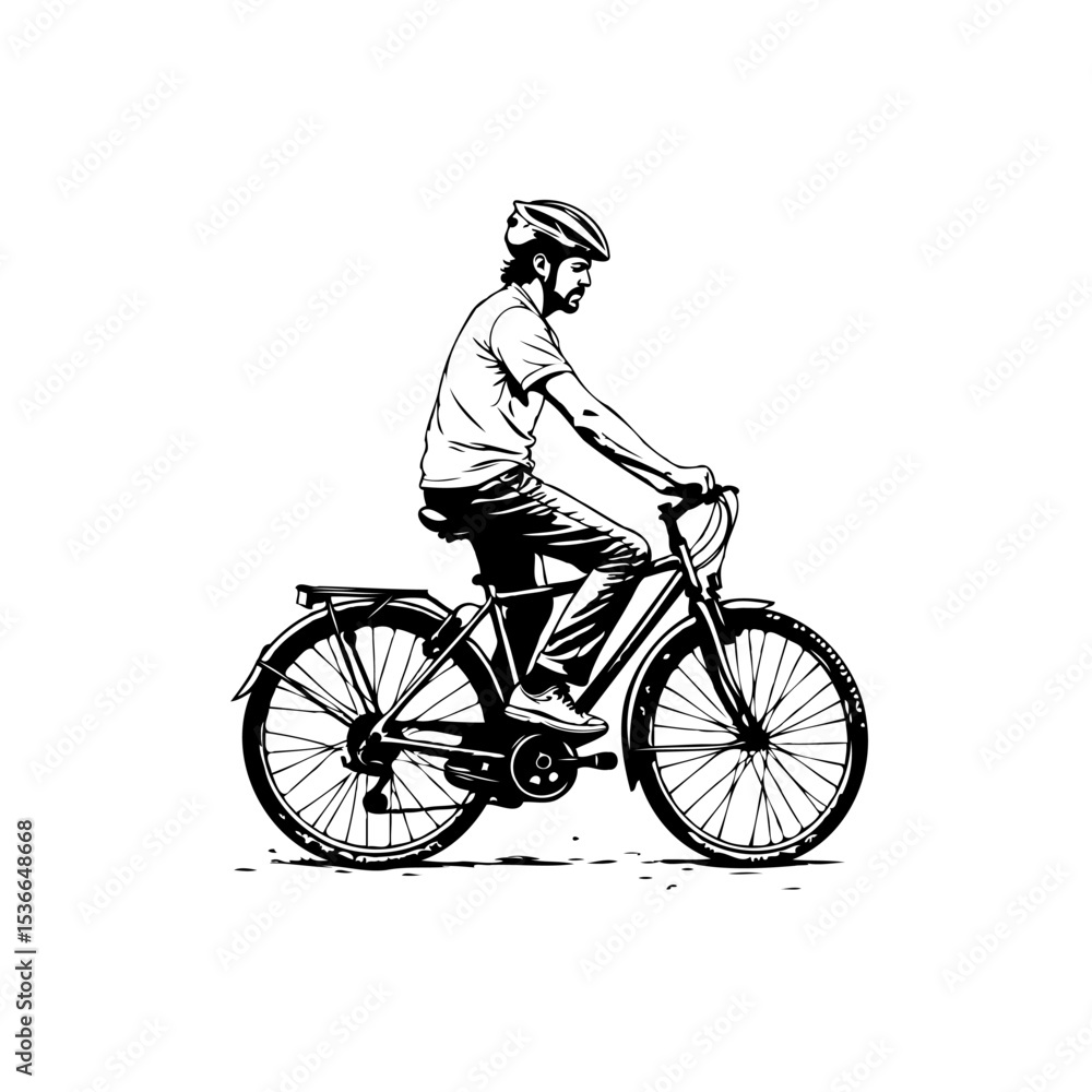 Fototapeta premium A minimalist black and white illustration of a man riding a bicycle with helmet