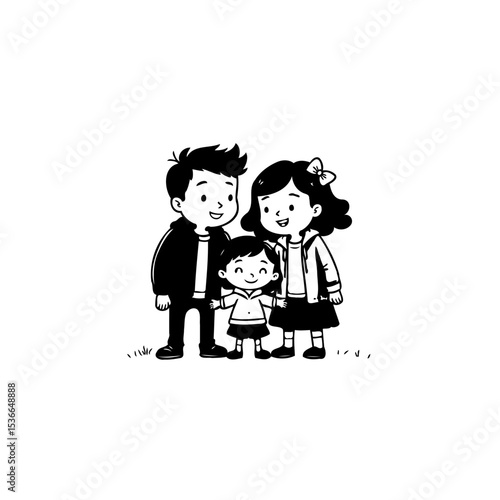 Illustration of a happy family, father, mother, and child in cartoon style