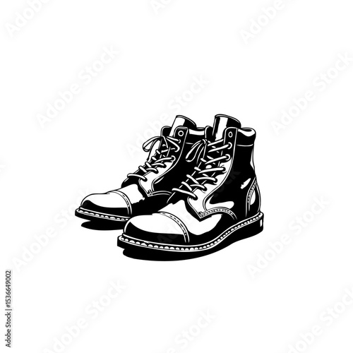 Stylish Black and White Illustration of a Pair of Classic Leather Boots Detailed
