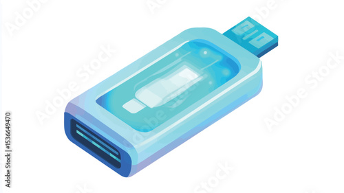 Isometric illustration of a futuristic USB flash drive. The device is depicted in shades of light blue and white, with a glowing, light-blue element visible through the translucent casing. The