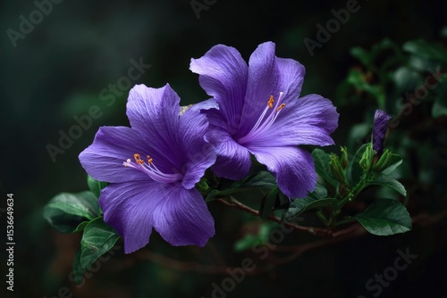 Two purple hibiscus flowers bloom against a dark leafy background