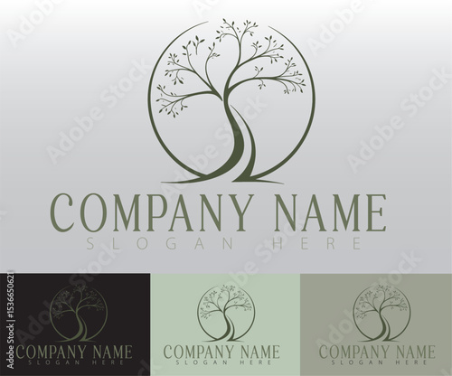 A modern tree logo in a minimalist design, embodying the harmony of a plant-based product line and a spa inspired by nature.