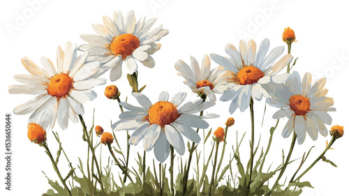The image is a stylized illustration or painting of a cluster of daisies against a pure white background.  The daisies are predominantly white with bright yellow centers.