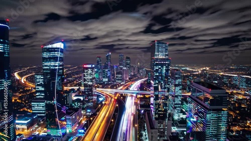 Wallpaper Mural Light trails illuminating the busy highway traffic flowing through the heart of a modern city at night, with towering skyscrapers and dynamic cloud patterns creating a captivating urban nightscape Torontodigital.ca