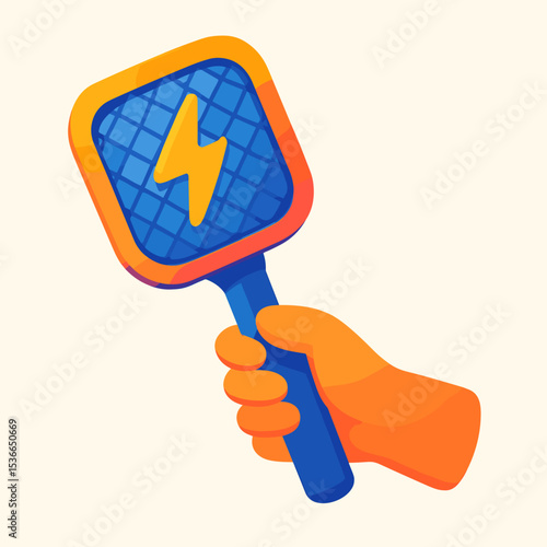 Hand holding orange and blue electric fly swatter  