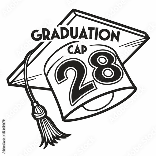 Graduation cap class of 28 black and white illustration