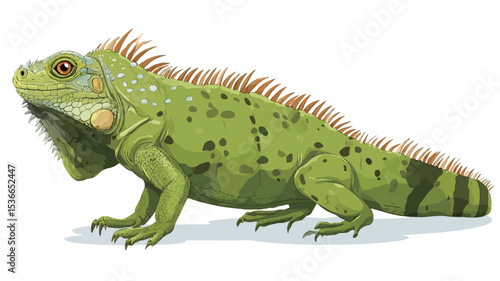 A digital illustration of a green iguana is shown in profile view against a white background. The iguana is depicted in detail, showcasing its vibrant green scales, prominent dewlap, and textured