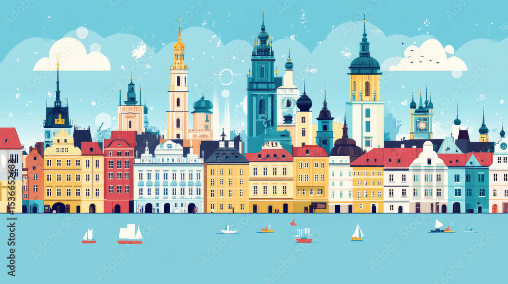 Naklejka premium A flat vector illustration of Poznań, Poland, designed in a minimalist line-art style. This cityscape highlights Poznań’s most famous landmarks, such as the Renaissance-style Town Hall
