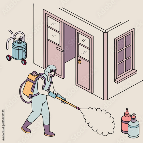 Pest control worker spraying insecticide outside a residential building  