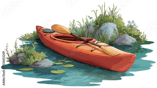 Digital illustration of a red kayak resting in calm water. The kayak is positioned at an angle, with its paddle resting on top. The water is depicted with subtle ripples and reflections. 