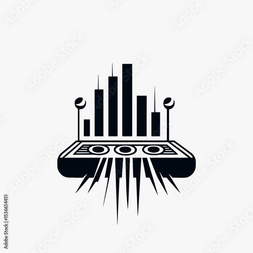 Sound mixer with audio waves and bar graph elements in black  