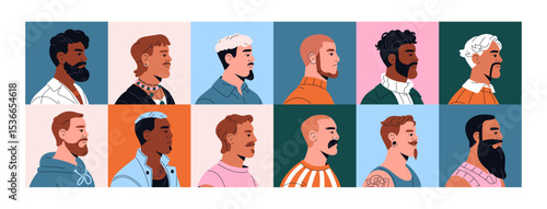 Set of side view avatars of fashion men. Profiles of persons with different stylish beards, mustaches. Portraits of male characters with various trendy haircuts. Flat isolated vector illustrations