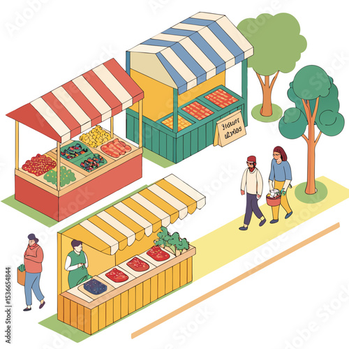 Vegetable market with colorful stalls and people walking by  
