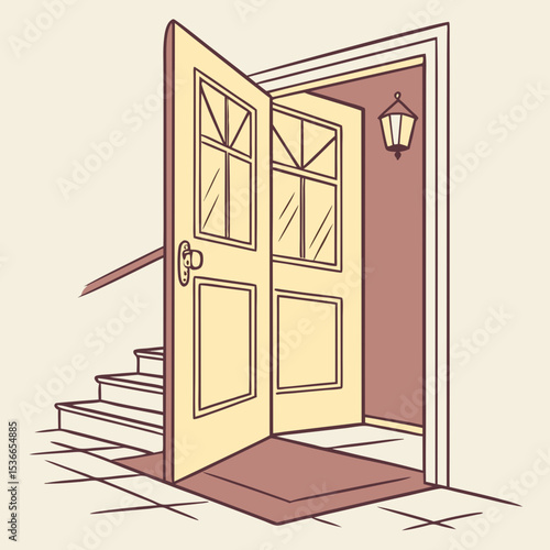 Open door leading to staircase with lamp in cozy interior  