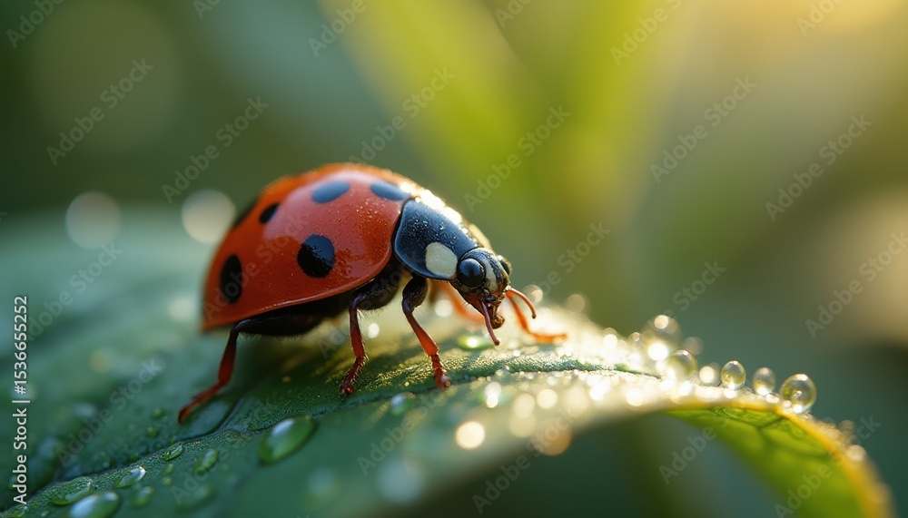 Fototapeta premium Ladybug walking on leaf with water droplets in garden