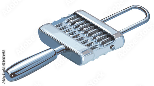 Close-up shot of a metallic combination lock mechanism. The lock is predominantly silver/chrome in color and features a rectangular body with a series of small, closely spaced