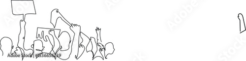 Continuous Line Art Protestors with Signs and Flags   holding blank sign protest demonstration line art minimalist Protesters crowd simple black and white  One continuous line drawing,
