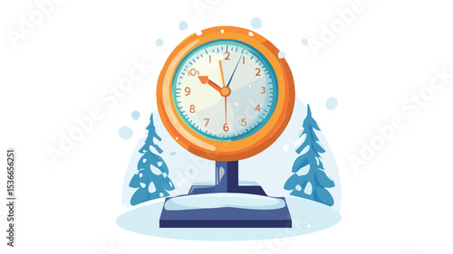 A digital illustration depicts a vintage-style round clock with orange casing and white face, showing the time around 12 o'clock.  The clock sits on a dark blue base, which rests on a small mound