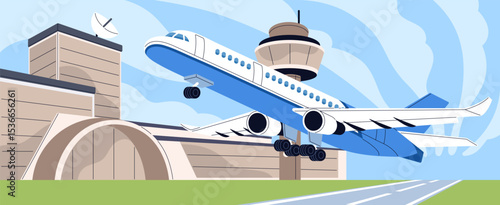 Airplane flight. Aircraft flies, landing on runway. Airport building and plane on airstrip. Airliner arrives on airfield from travel. Aerodrome with aeroplane, terminal tower. Flat vector illustration