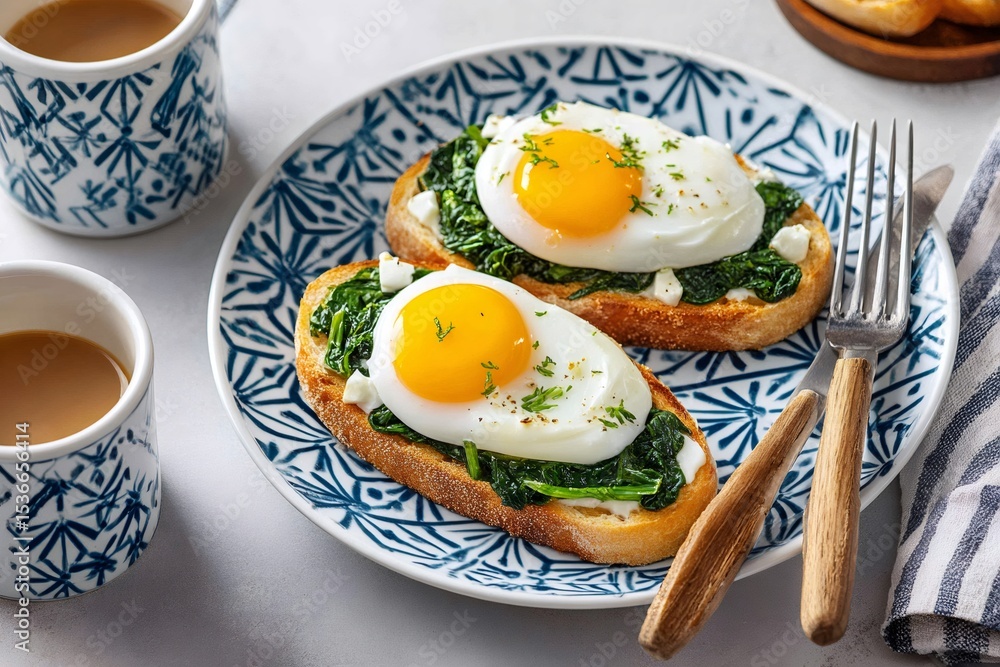 Delicious breakfast with fried eggs, spinach, and feta cheese on toasted bread Delicious breakfast with fried eggs, spinach, and feta cheese on toasted bread