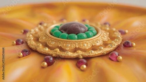 Closeup of Ornate Gold Circular Ornament with Red and Green Gemstones