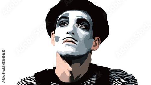 Close-up vector illustration of a male mime artist's portrait. The image is primarily in black, white, and gray tones. The mime's face is painted in classic mime style, with stark white makeup and