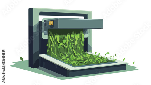 A digital illustration depicting a stylized cartoon machine processing a flowing stream of green material. The machine is rendered in dark gray and light gray tones with a simplified