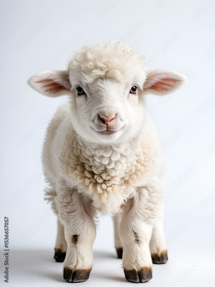 Fototapeta premium Adorable lamb with woolly fur on a white background