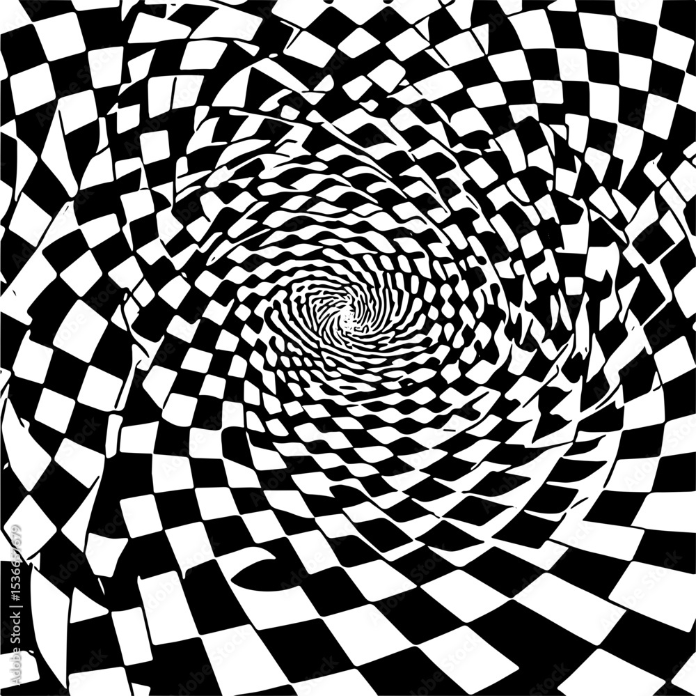Naklejka premium Warped checkerboard spiral pattern, black and white vector background
