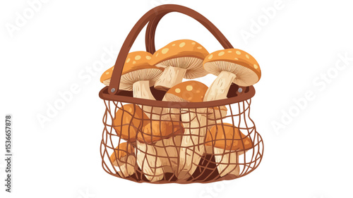 A digital illustration depicts a brown wicker basket filled with several orange and yellow speckled mushrooms. The mushrooms have white stems and are clustered together in the basket.