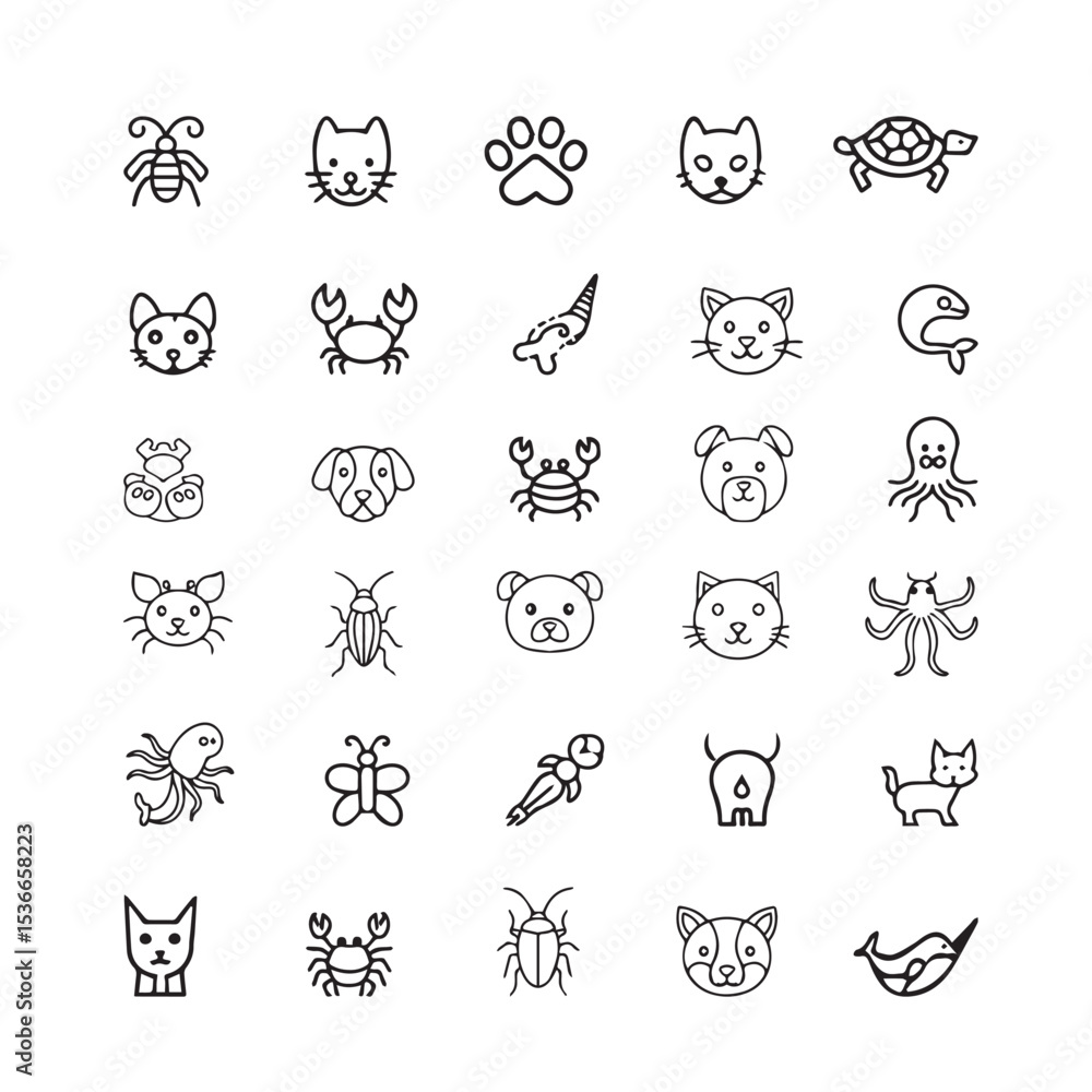 Fototapeta premium Cute Hand-Drawn Animal Line Icons Set – 30 Minimal Pet & Wildlife Vector Illustrations