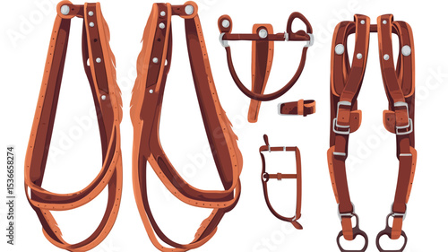 The image is a digital illustration depicting a set of brown leather horse harness components, with orange accents. The illustration is presented in a flat lay style with various harness pieces