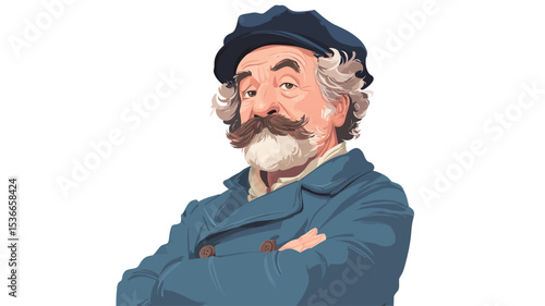 A digital illustration depicts a close-up portrait of an elderly man.  He has a prominent handlebar mustache and is wearing a dark blue pea coat and a dark-colored cap. His arms are crossed