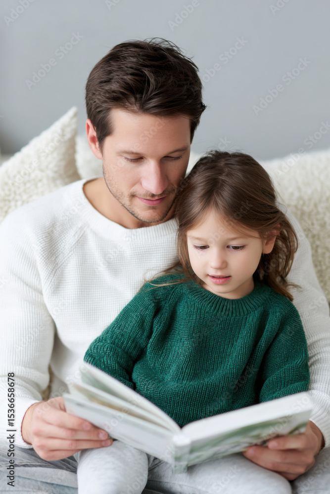 Father and daughter reading book together, creating warm and emotional bonding moment on cozy couch. scene captures sense of family connection and shared learning Father and daughter reading book together, creating warm and emotional bonding moment on cozy couch. scene captures sense of family connection and shared learning
