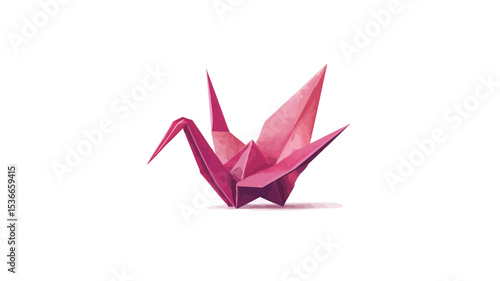 Close-up studio shot of a pink origami crane against a pure white background. The origami crane is sharply focused, exhibiting detailed folds and a subtle gradient in the pink hue. 