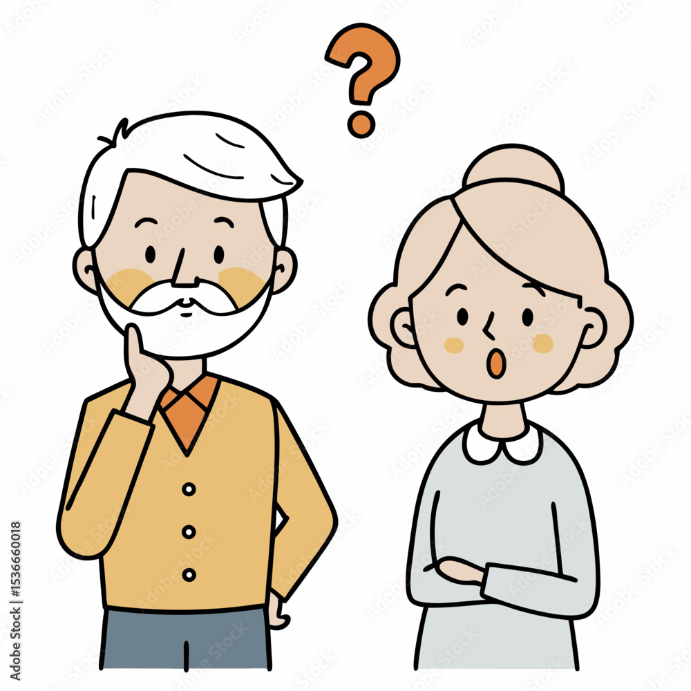 Hand Drawn Style Elderly Couple Understanding and Solving a Problem. Exclamation mark. Hand drawn style vector design illustrations Hand Drawn Style Elderly Couple Understanding and Solving a Problem. Exclamation mark. Hand drawn style vector design illustrations