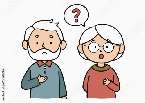 Hand Drawn Style Elderly Couple Understanding and Solving a Problem. Exclamation mark. Hand drawn style vector design illustrations