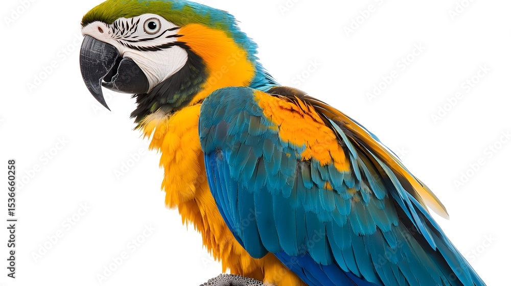 Obraz premium Vibrant Blue and Gold Macaw Parrot Close Up Profile Shot on White Background