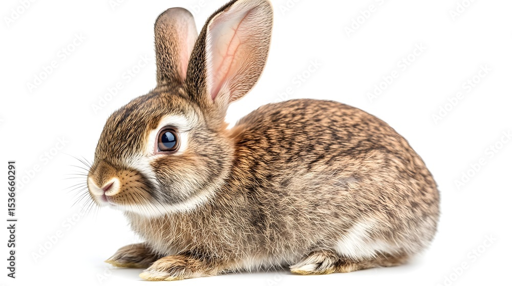 Fototapeta premium Adorable Brown Baby Rabbit Sitting Isolated on White Background Perfect for Easter Cards or Pet Websites