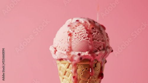 Strawberry Ice Cream Scoop Melts in Cone, a Sweet Treat on Pink Background, close-up shot with copyspace, summertime, dessert photography.