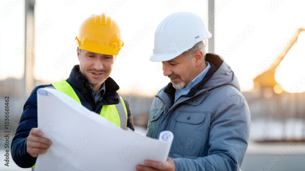 Fototapeta premium Two construction professionals, wearing safety helmets and reflective vests, are reviewing blueprint at construction site. setting is outdoors with blurred background of construction equipment